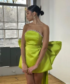 Stylish Green Pink Red Satin Mini Party Dresses with Detachable Big Bow Handmade Pearls Short Prom Gown Birthday Formal Dress