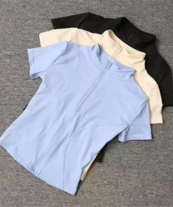 Alternative view of Women Summer Slim Yoga Tops Stand Collar Full Zipper Short Sleeves Shirts Solid Workout Clothes Gym Running Coats Lady Casual