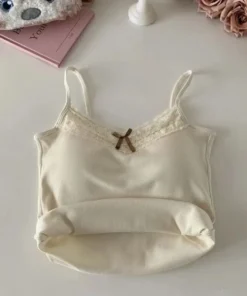 Alternative view of Women Camisole Tank Tops Sexy Bow Sleeveless Corset Top with Chest Pad Sweet Lace Patchwork Crop Tops Summer Slim Elegant Camis