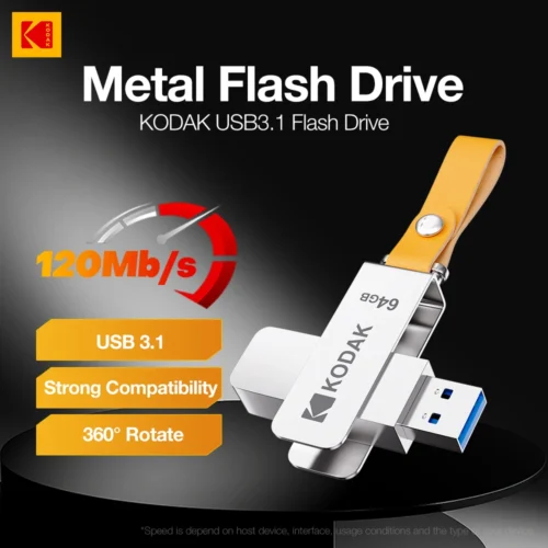 Kodak USB 3.1 Flash Drive - 64GB, 128GB, 256GB, 512GB, 120MB/s Read Speed, Metal Body with Leather Band