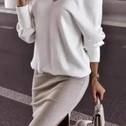 Two-piece V-neck sweatshirt and tight skirt set for women's autumn winter casual wear