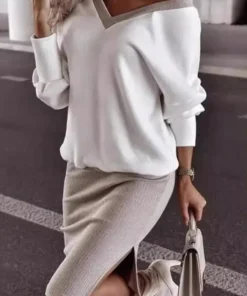 Autumn Winter Casual Loose V-neck Sweatshirt Suit Women's Tight Skirt Long-sleeved Top Two-piece Set New Fashion Holiday Sets