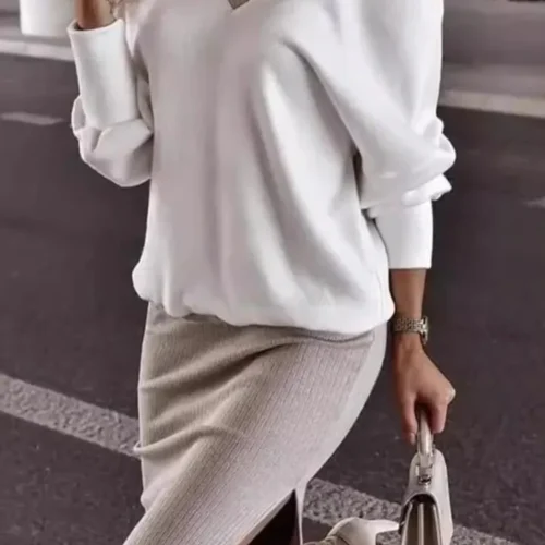 Autumn Winter Casual Loose V-neck Sweatshirt Suit Women's Tight Skirt Long-sleeved Top Two-piece Set New Fashion Holiday Sets