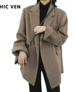 Alternative view of CHIC VEN Women Wool Blend Coat Solid Mid Long Woolen Blazer Thick Warm Blouse Women's Overcoat Office Lady Tops Autumn Winter