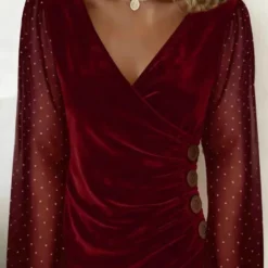 Alternative view of Sheer Patchwork Long Sleeve V Neck Button T-Shirt for Women Casual Streetwear