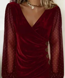 Alternative view of Fashion Sheer Patchwork T Shirt Tops For Women Casual Long Sleeve V Neck Button Tee Shirt Femme Solid Holiday Streetwear Clothes