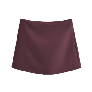 High Waist Solid Skort with Side Zipper for Women - Dark Red, XS