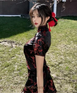 Alternative view of Elegant Jacquard Flower Qipao Dress for Women - Short Sleeve Mini Cheongsam