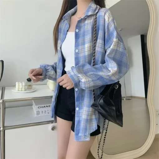Plaid Shirt Women Vintage Long Sleeve Blouse Loose Check Top for Autumn Fashion - Image 3