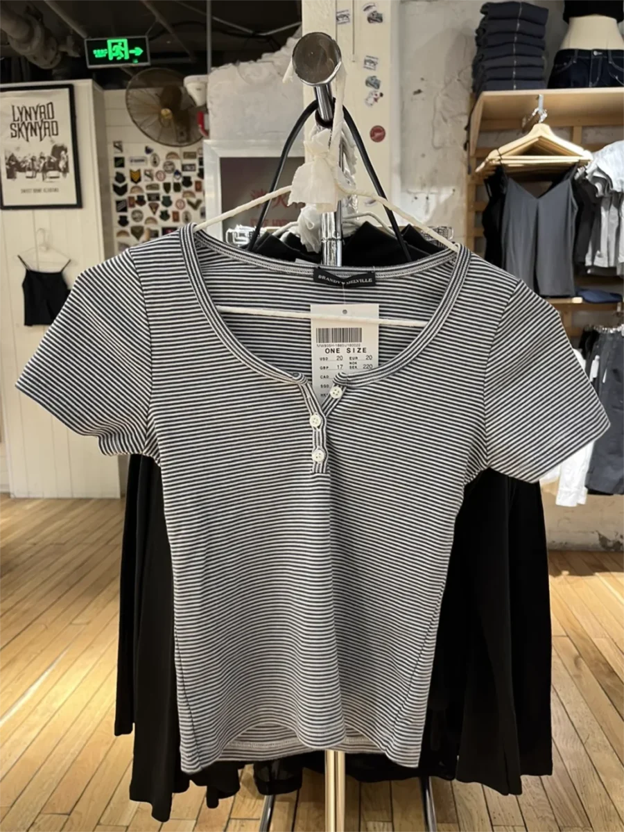 Stripes T-shirt Shorts 2 Pieces Sets Summer Short Sleeve Slim Three Buttons Crop Top Elastic Short Pant for Woman Sweet Y2k Set - Image 3