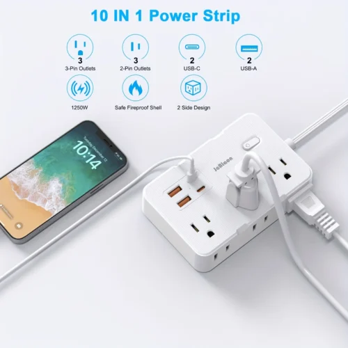 Alternative view of Surge Protector Ultra Thin Flat US Plug with 6 Widely Outlets 4 USB Ports,5ft Extender Cable,Power Strip Adapter for Home Office