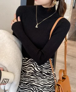 Alternative view of Elegant Solid Basic Knitted Tops Women Turtlneck Sweater Long Sleeve Casual Slim Pullover Korean Fashion Simple Chic Clothes