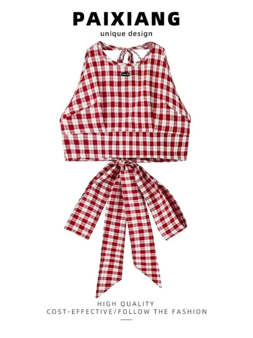 Red Plaid Crop Top with Off Shoulder Design for Women's Vintage Y2k Aesthetic - Image 3