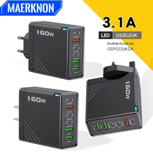 160W USB-C Fast Charging Wall Charger - Multi-Port EU/US Plug for iPhone, Samsung, and Huawei