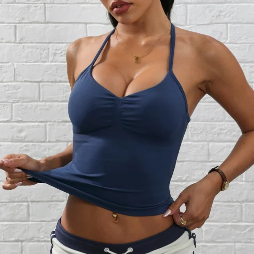 Adjustable Strappy Gym Top with Removable Cups for Women - Backless Scrunch Bra Yoga Tank - Image 6