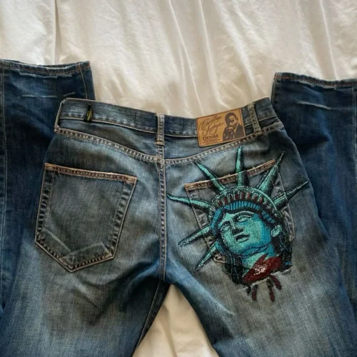 Alternative view of Statue of Liberty High Waist Wide Leg Jeans for Women - Vintage Denim Pants