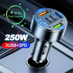 250W Fast Charging Car Charger with 5 Ports and PD QC3.0 for iPhone Samsung Huawei Xiaomi