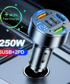 250W 5 Ports Car Charger Fast Charging PD QC3.0 USB C Car Phone Charger Adapter With Voltage For iPhone Samsung Huawei Xiaomi