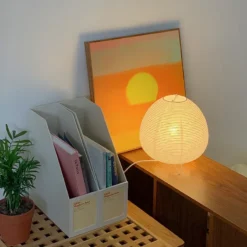 Japanese Lantern Table Lamp with LED Light and Rice Paper Shade for Living Room and Bedroom