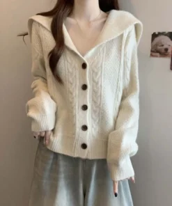 Alternative view of Flip Collar Grid Crochet Sweater Autumn Spring Long Sleeve Cardigans Women Y2K Preppy Style Ladies Tops