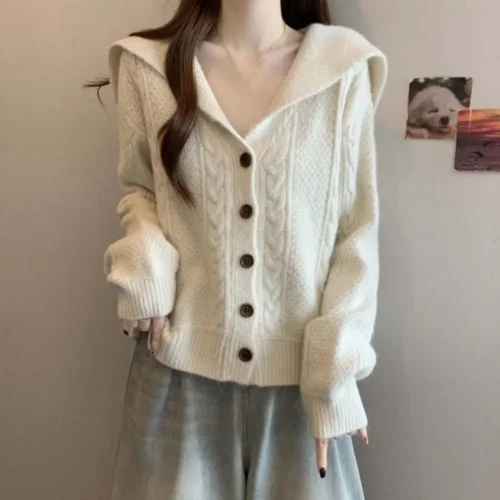 Alternative view of Flip Collar Grid Crochet Sweater Autumn Spring Long Sleeve Cardigans Women Y2K Preppy Style Ladies Tops