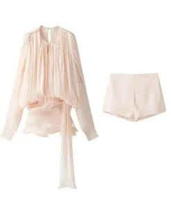 Alternative view of Beige Top Solid Blouse Mini Dresses For Women V Neck Long Sleeve Spliced Lace Up Sweet Style Dress Female Clothing Fashion P7WI