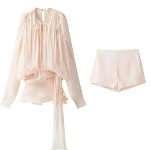 Alternative view of Beige Top Solid Blouse Mini Dresses For Women V Neck Long Sleeve Spliced Lace Up Sweet Style Dress Female Clothing Fashion P7WI