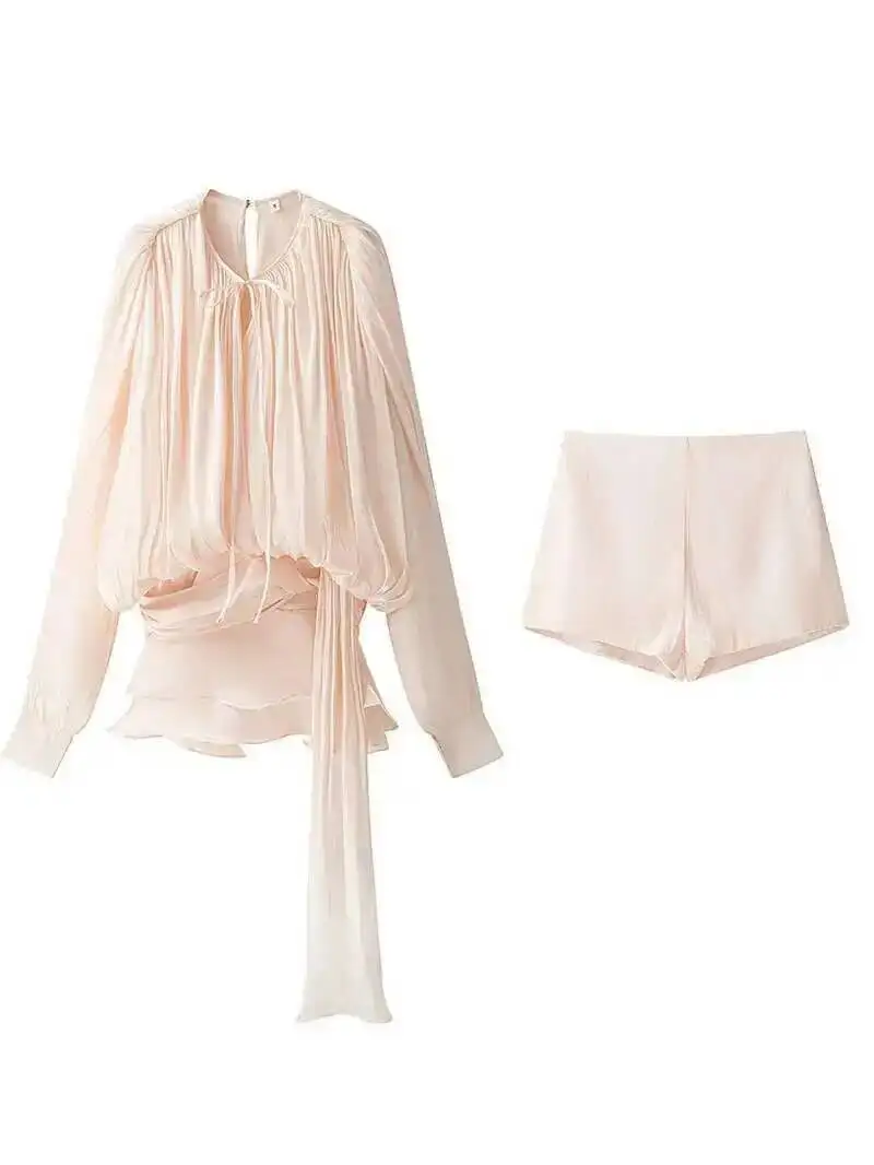 Beige Top Solid Blouse Mini Dresses For Women V Neck Long Sleeve Spliced Lace Up Sweet Style Dress Female Clothing Fashion P7WI - Image 2