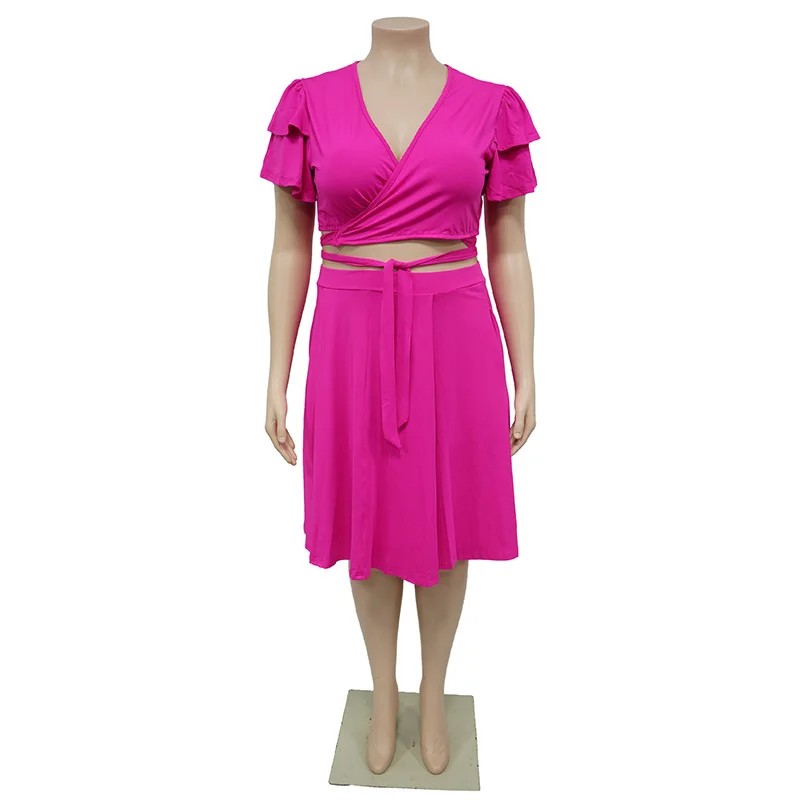 Two Piece Set with Tie V-Neck Top and Pocket Midi Skirt for Plus Size Women - Image 5