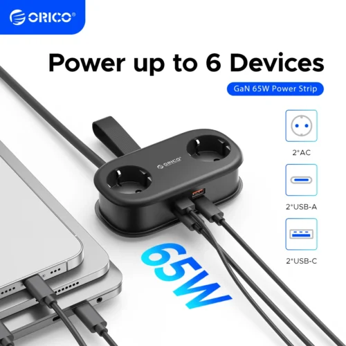 ORICO EU Plug GaN 65W Power Strip 2AC Outlets 2USB Port 1Type C Portable Adapter Extension Cord Fast Charging For Travel Home