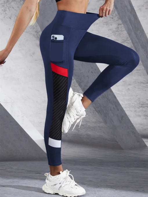 Colorblocked Mesh High Waist Yoga Pants with Side Pockets for Women Tummy Control Shaping Leggings - Image 5
