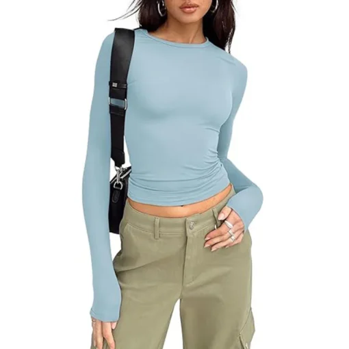 Long Sleeve Crew Neck T-shirt with Solid Color and Slim Fit for Women - Image 3