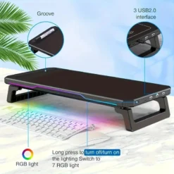 ITLY RGB Monitor Stand with USB Ports and Desktop Organizer for PCs and Laptops up to 19.6 Inches