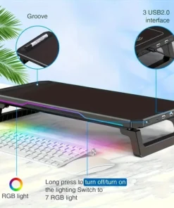 ITLY RGB Monitor Stand with 3 USB Ports Data Transfer Charging Desktop Organizer for PC and Laptops up to 19.6 Inches NEW