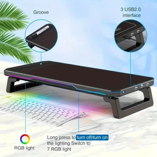 ITLY RGB Monitor Stand with USB Ports and Desktop Organizer for PCs and Laptops up to 19.6 Inches - Image 7