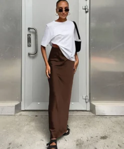 Elegant Satin Black High Waist Trumpet Skirt for Women