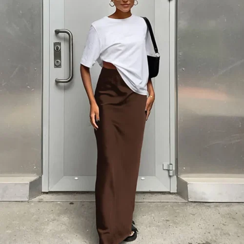 Elegant Satin Black High Waist Trumpet Skirt for Women