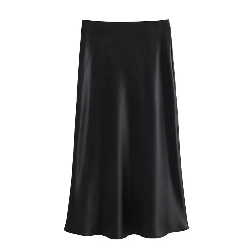 High Waist Satin Midi Skirt - Elegant Black Long Skirt for Women - Image 4