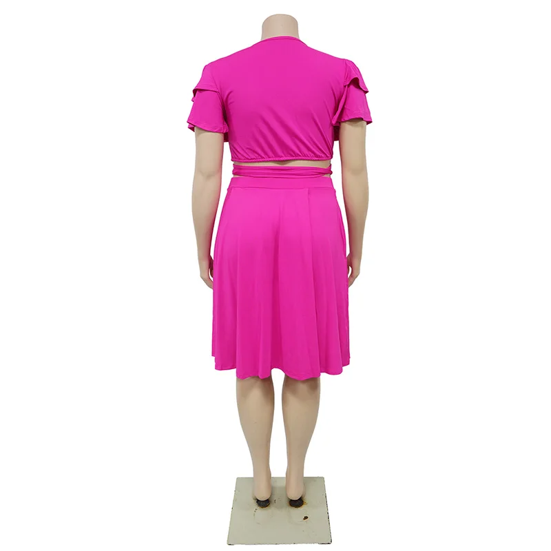 Two Piece Set with Tie V-Neck Top and Pocket Midi Skirt for Plus Size Women - Image 6