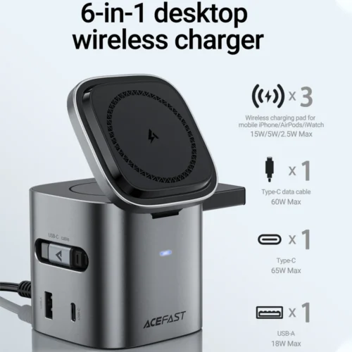 Alternative view of ACEFAST 6 in 1 Multifunction 15W Magnetic Wireless Charging Station For iPhone 16 15 GaN PD65W Charging Cube USB C Fast Charging