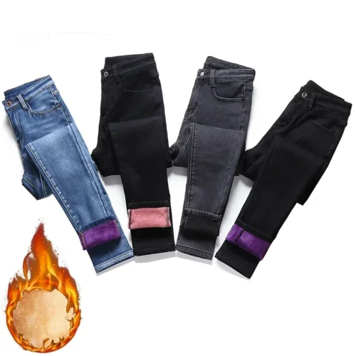 Warm Women's Thermal Skinny Jeans with Plush Lining - Fleece Denim Trousers