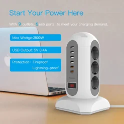 Alternative view of 15-in-1 power strip with 9 sockets and 6 USB ports, retractable 1.8-meter extension cord