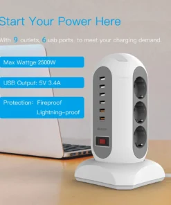 Alternative view of 15-in-1 tower power strip 2500W, 9 sockets, 6 USB charging ports, retractable 1.8-meter extension cord expansion plug