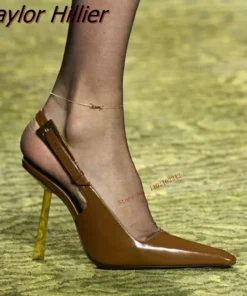 Genuine Leather Pumps Sandals 2023 New Summer Metal Heel Pointed Tip Shallow Cut Back Strap Pumps Fashion Versatile Track Shoes