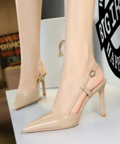 Women Pumps Office Career Summer Patent Leather 9CM Stiletto Concise Hollow-out Pointed Toe Back Strap Shallow Mouth Woman Shoes
