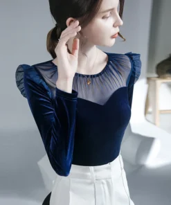 Women's Velvet Stretch T-shirt, Long-Sleeved Top, Perspective, Sexy Mesh, Harajuku Fashion, Dance Clothes, Y2k Top