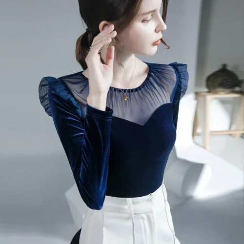 Women's Velvet Stretch T-shirt, Long-Sleeved Top, Perspective, Sexy Mesh, Harajuku Fashion, Dance Clothes, Y2k Top