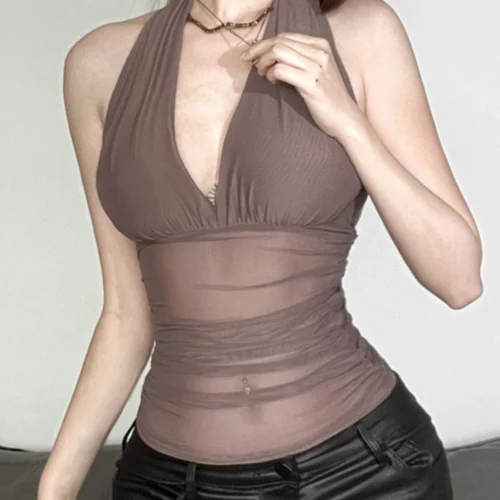 Alternative view of See Through Mesh Halter Top Neck-mounted Crop Top Women Edgy Clothes Y2k Accessories Backless Camison Verano Cute Ropa De Mujer