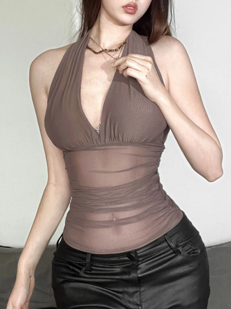 See Through Mesh Halter Top Neck-mounted Crop Top Women Edgy Clothes Y2k Accessories Backless Camison Verano Cute Ropa De Mujer - Image 2