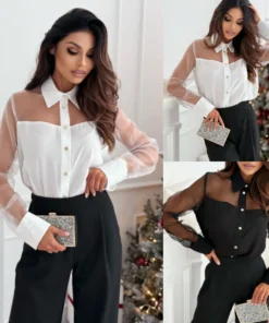 Shirt Top Women Sheer Patchwork Turn Down Collar Single Breasted Full Sleeve Blouses Tops Autumn 2025 Office Lady Overshirt